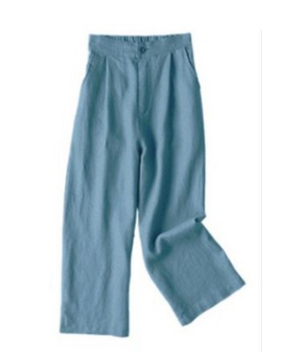 Wide-leg, loose-fitting pants made of cool, natural linen fabric, high-waist, elastic waist
