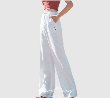 Korean linen straight pants, wide leg, high waist, elastic waist for women
