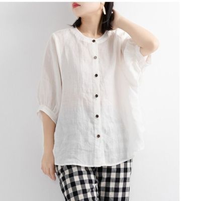 Cotton and linen shirts for women 2024 summer new style classic loose lantern sleeve shirt plus size trendy long sleeve shirt for women