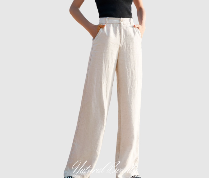 Korean linen straight pants, wide leg, high waist, elastic waist for women