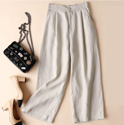 Wide-leg, loose-fitting pants made of cool, natural linen fabric, high-waist, elastic waist