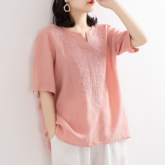 Women's Cotton and Linen Embroidered Shirt Literary Loose T-Shirt Short Embroidered Button Cuff V-Neck Large Summer New Top