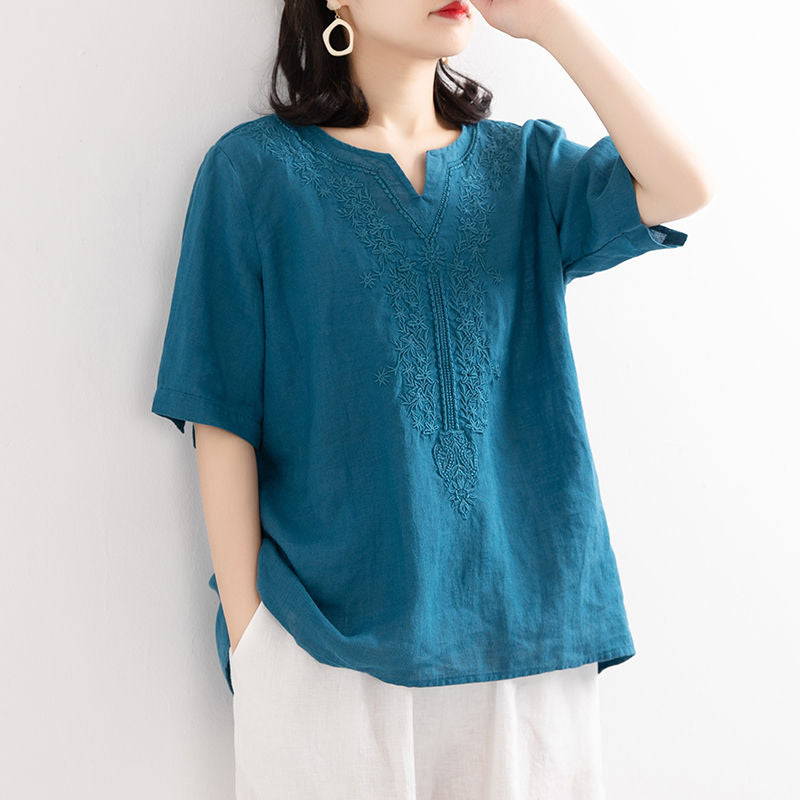 Women's Cotton and Linen Embroidered Shirt Literary Loose T-Shirt Short Embroidered Button Cuff V-Neck Large Summer New Top