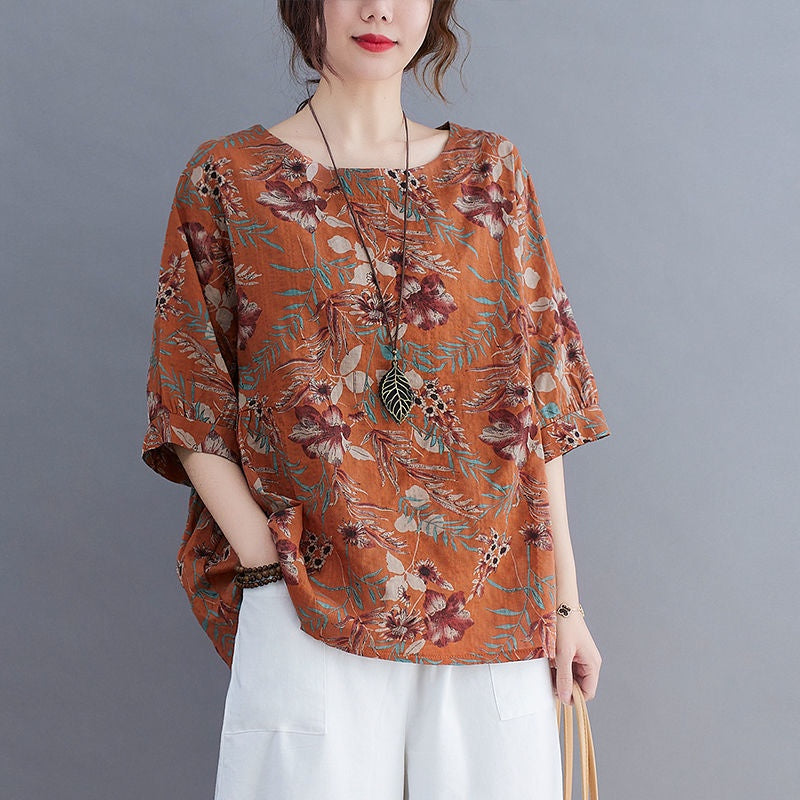 Cotton Linen Shirt Round Neck Loose Short Sleeve Floral Print Ethnic Style Korean Fashion For Women 2024