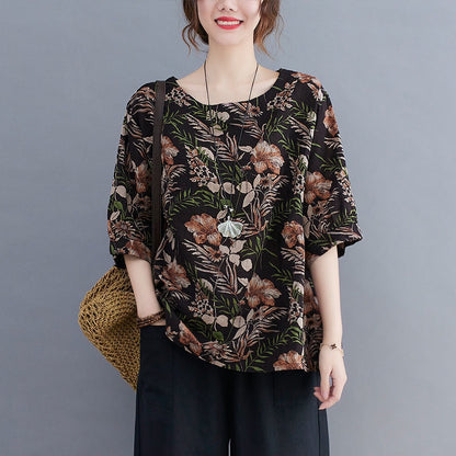 Cotton Linen Shirt Round Neck Loose Short Sleeve Floral Print Ethnic Style Korean Fashion For Women 2024