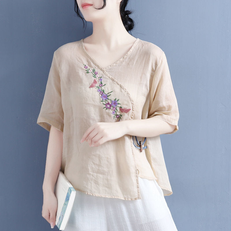 New summer ethnic style literary retro cross placket with loose embroidered cotton and linen short sleeve women's shirt top