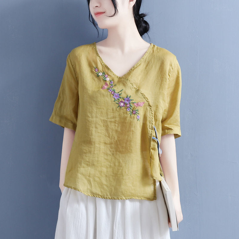 New summer ethnic style literary retro cross placket with loose embroidered cotton and linen short sleeve women's shirt top