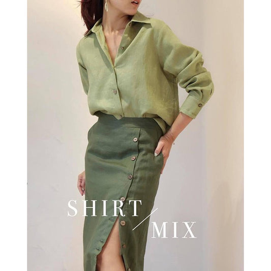 Premium Linen shirt pencil skirt set - Green shirt - Moss green skirt