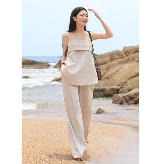 Premium Linen set for going out. Flared 2-piece shirt with youthful wide-leg pants