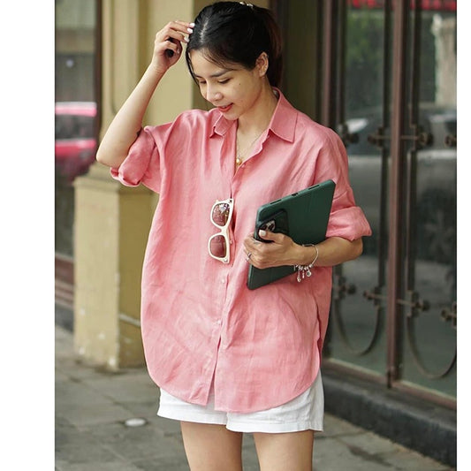 Youthful loose form women's linen shirt, Korean style fashion